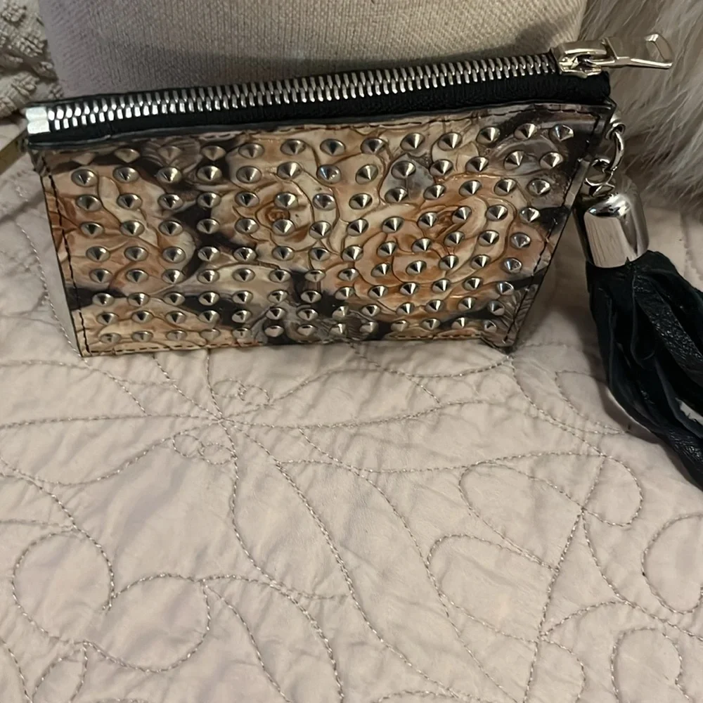 Snakeskin Embossed Studded Floral Zipper Suede Fringe Handle Pouch Card Holder